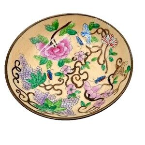 Vintage Brass w Ceramic Decorative Bowl Whimsical Grasshopper Floral with Grapes